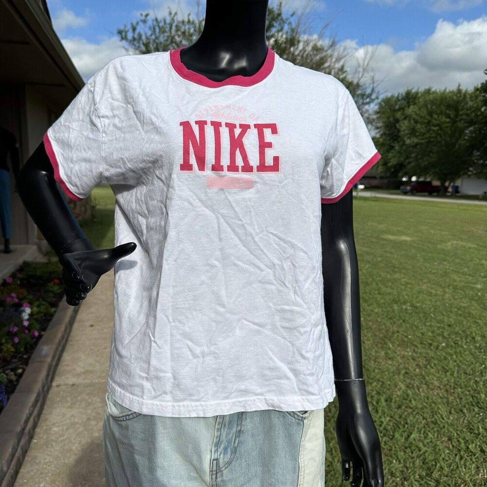 VTG 90s Y2k 2000s Nike Shirt Womens XL White Pink Spellout Crop Ringer Baby‎ Tee